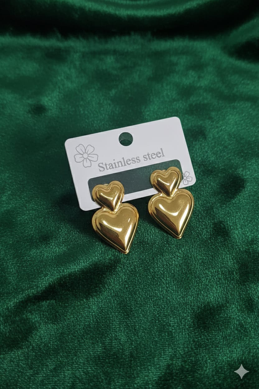 Double Heart Drop Earrings - Anti Tarnish
