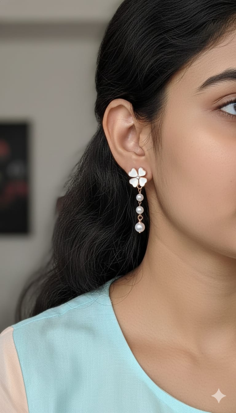 Pearl Floral Clover Drop - Anti Tarnish