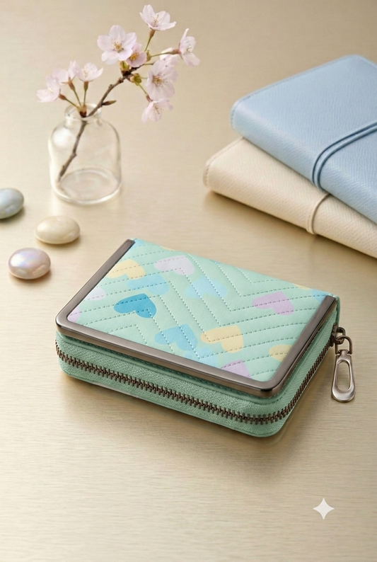 Pastel Heart Quilted Travel Wallet - Mint Green