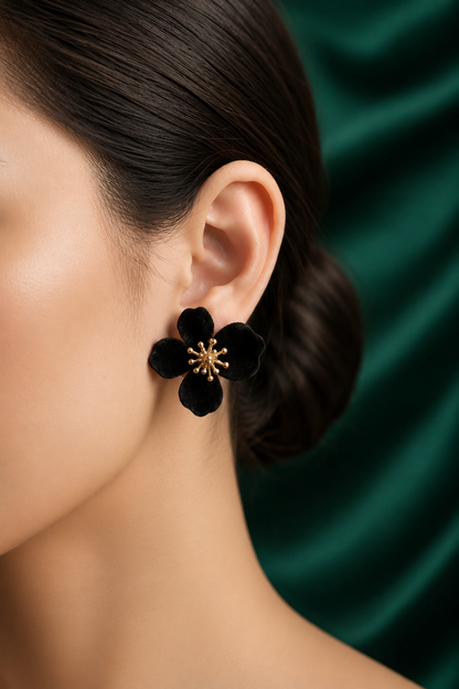 Black Velvet Floral Stud - Korean
