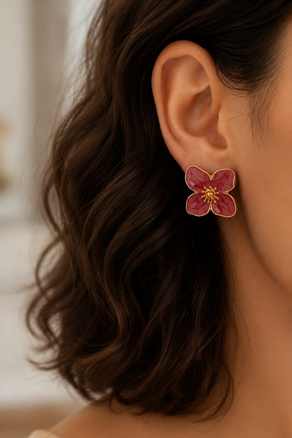 Red Floral Enamel Stud Earrings