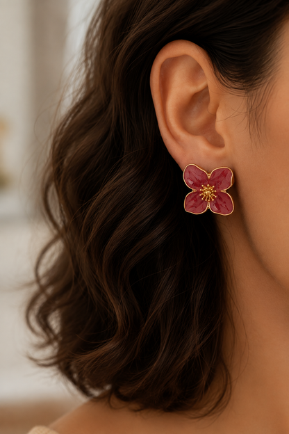 Red Floral Enamel Stud Earrings