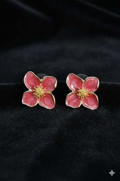 Red Floral Enamel Stud Earrings