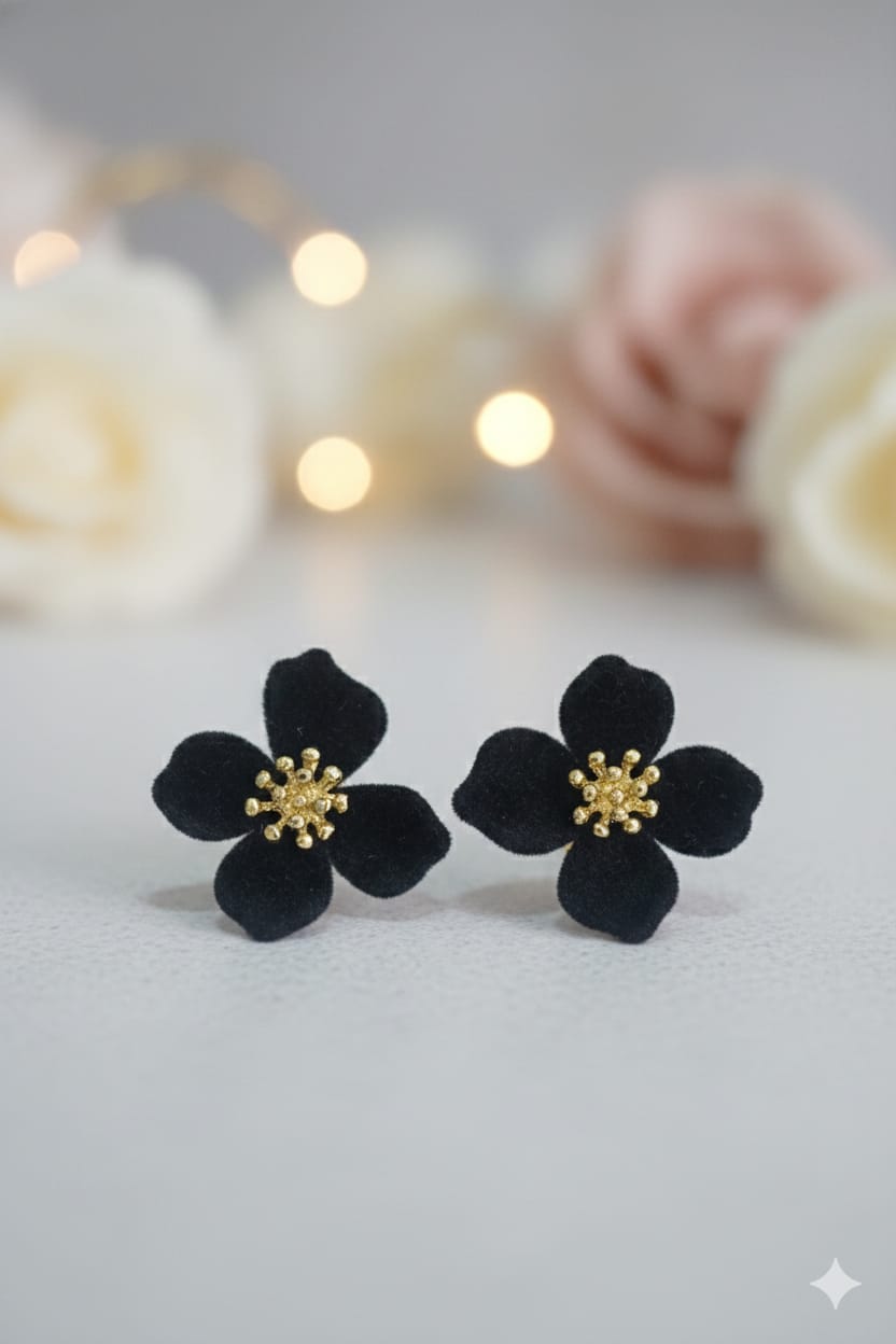 Black Velvet Floral Stud - Korean