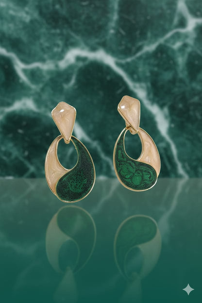 Abstract Emerald & Cream Teardrop Earrings