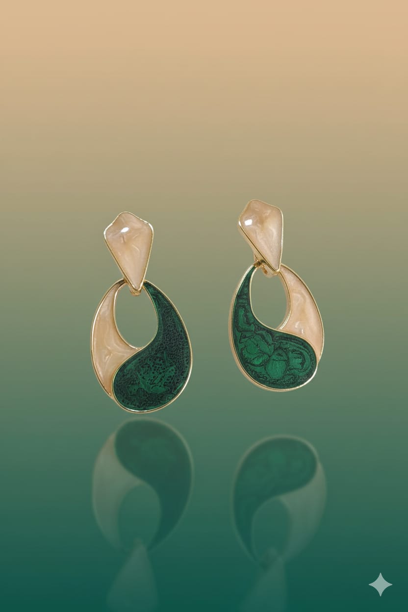 Abstract Emerald & Cream Teardrop Earrings