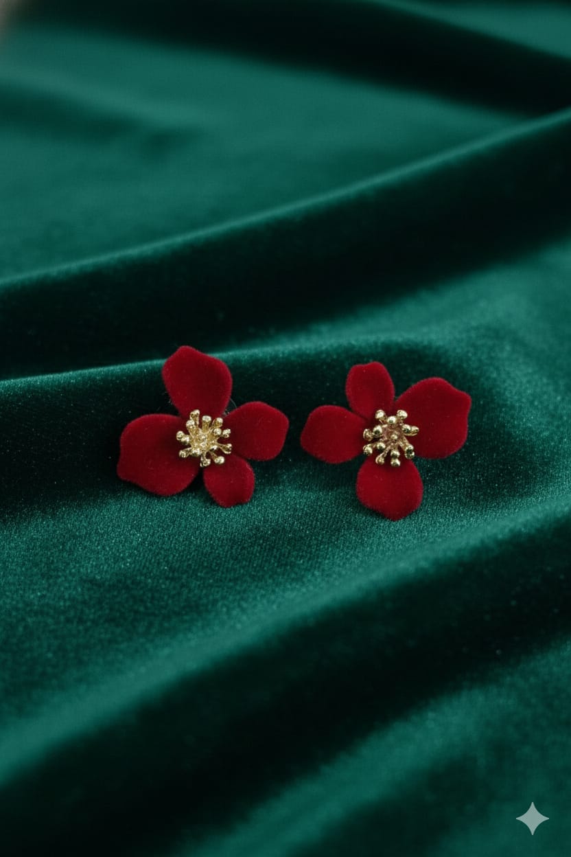 Meroon Velvet Floral Stud - Korean