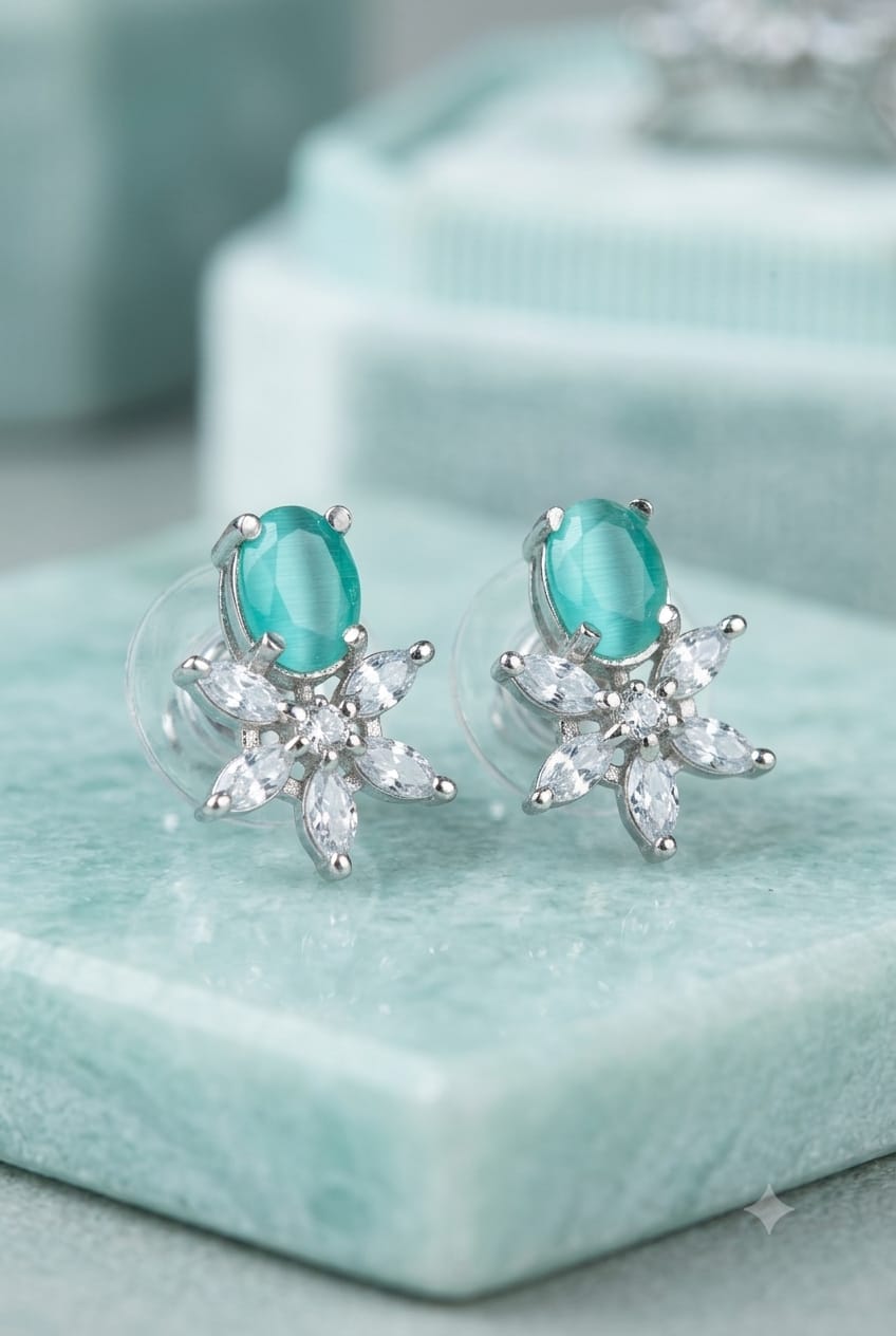 Mint Green & Zircon Floral - American Diamond