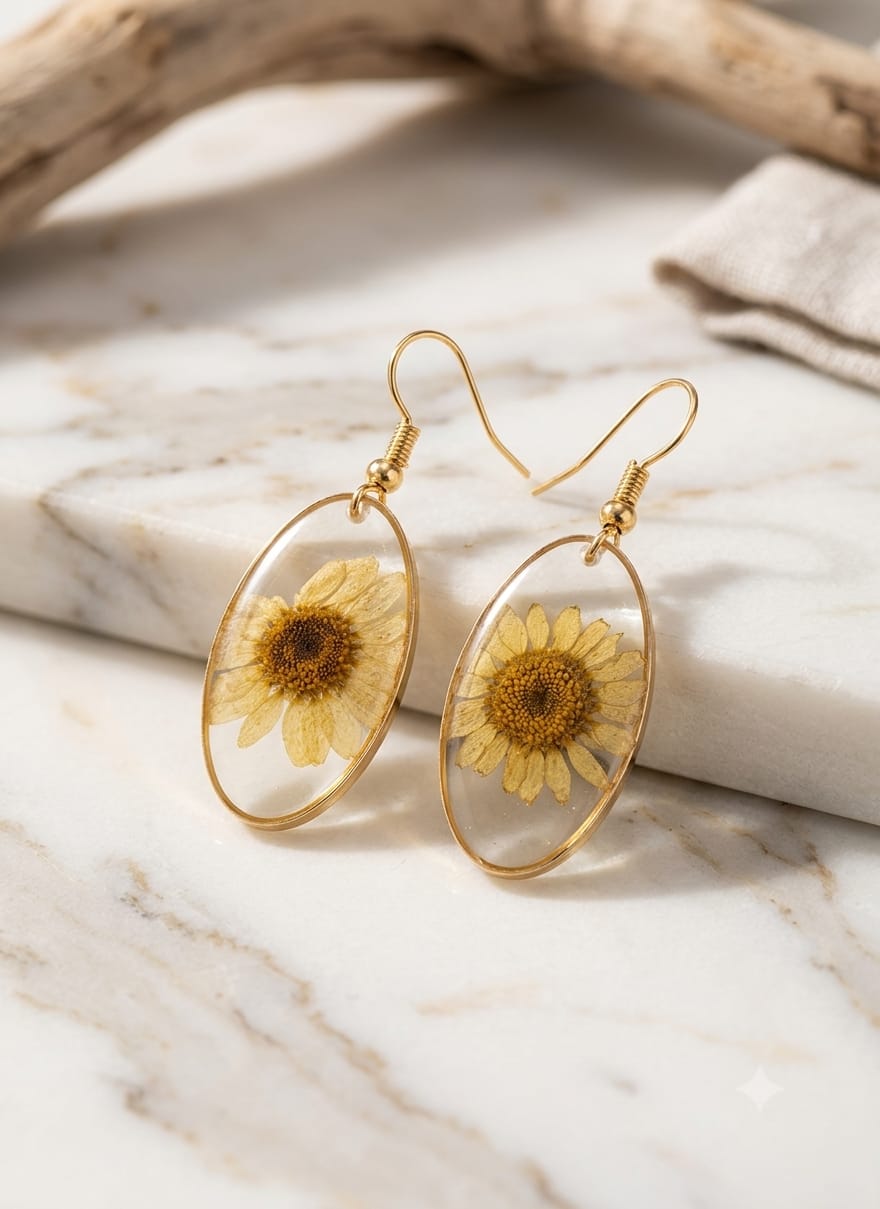 Pressed Sunflower Resin Drop Earrings