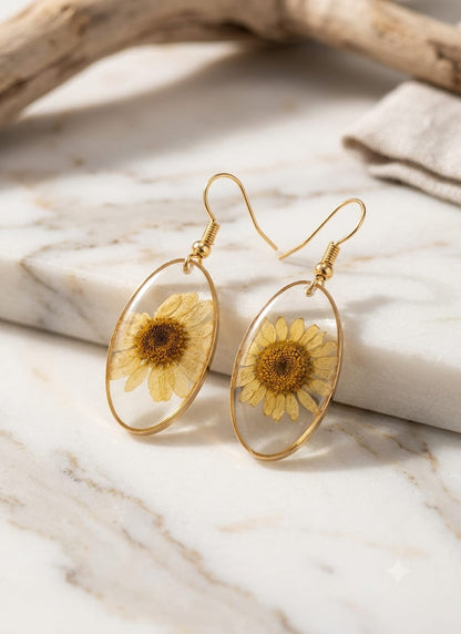 Pressed Sunflower Resin Drop Earrings